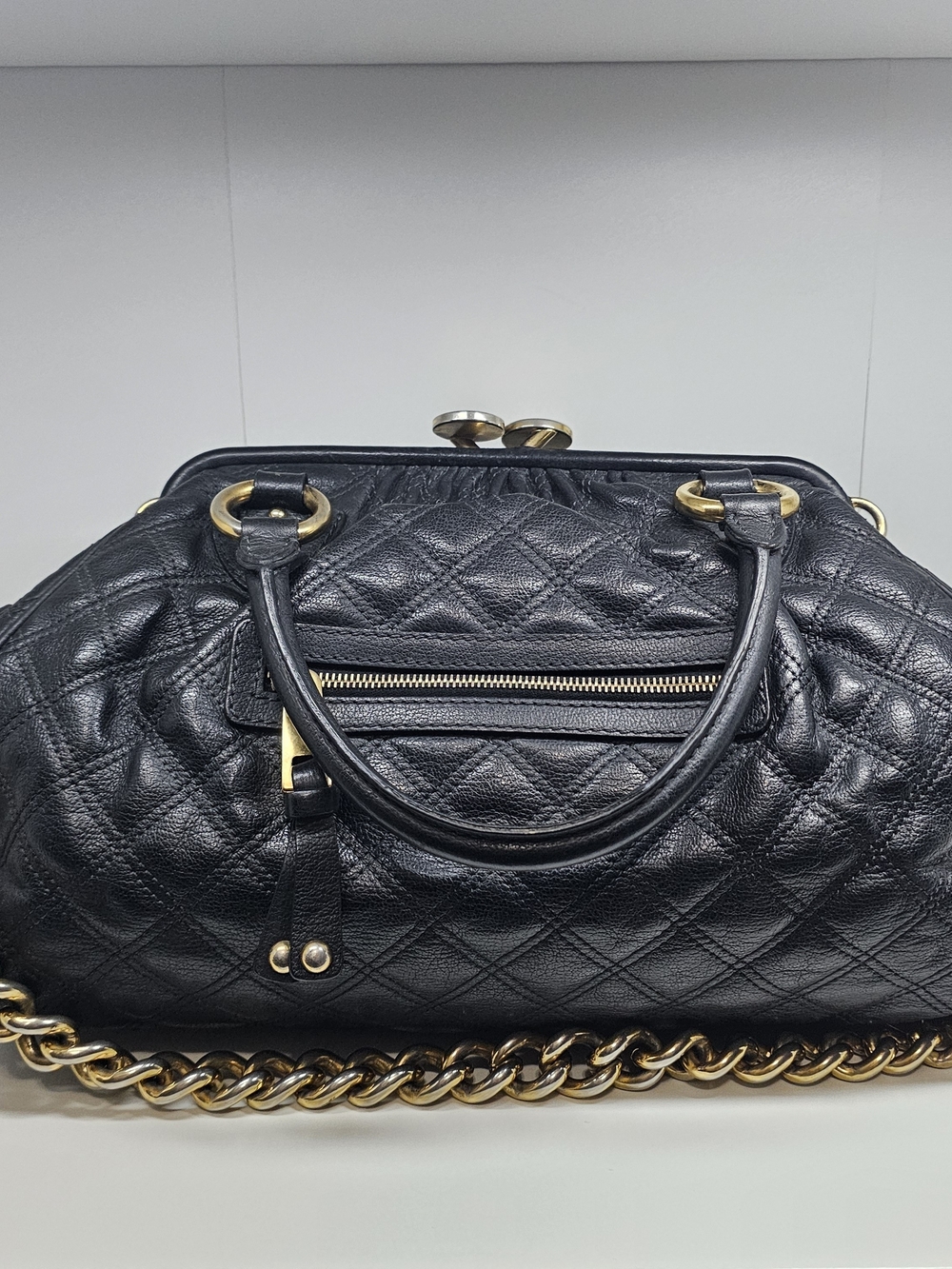 Marc Jacobs Stam Quilted Black Leather Satchel with Gold Chain